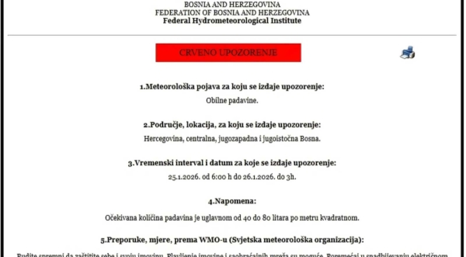 Upaljen crveni meteoalarm za 25. i 26.01.2026. godine