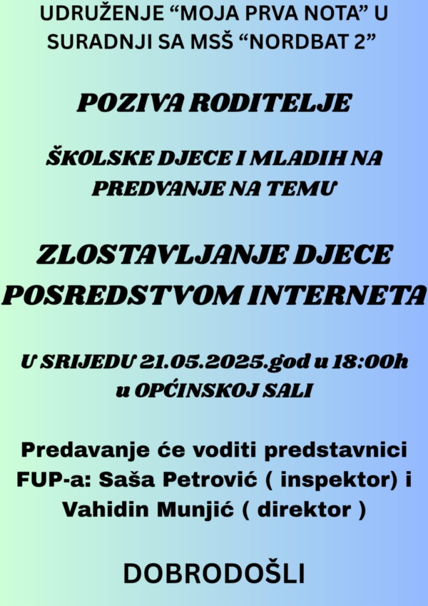 Poziv na predavanje „Zlostavljanje djece posredstvom interneta“