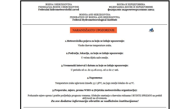 Upozorenje iz CZ Vareš o visokim dnevnim temperaturama
