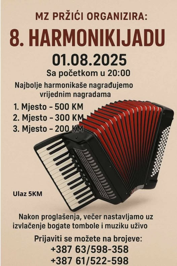 Najavljujemo - 8. Harmonikijada 01.08. na Pržićima