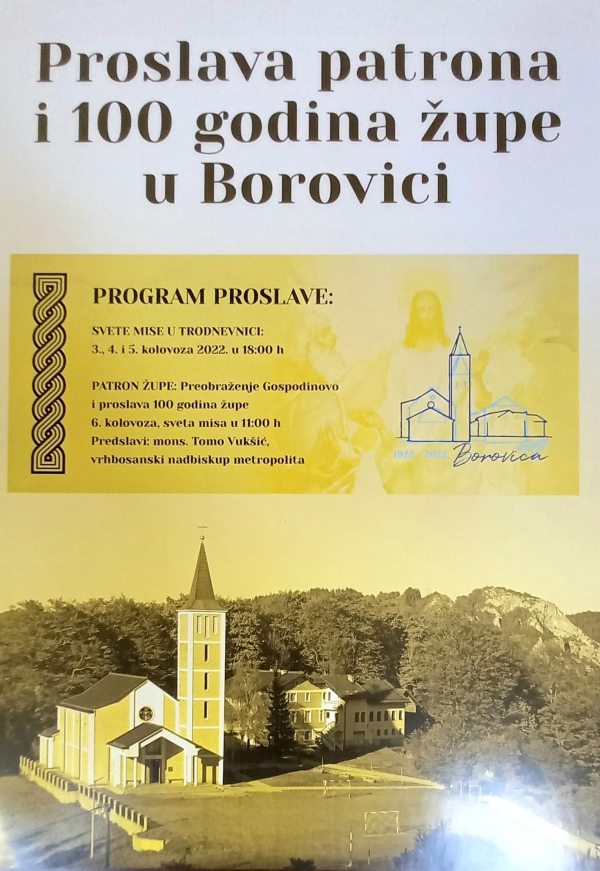 Najavljujemo – proslava Patrona i stogodišnjica župe Borovica