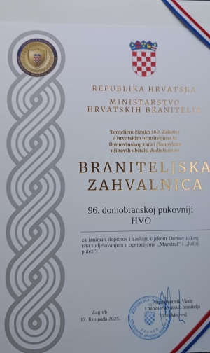 Uručena Zahvalnica 96. domobranskoj pukovniji Bobovac