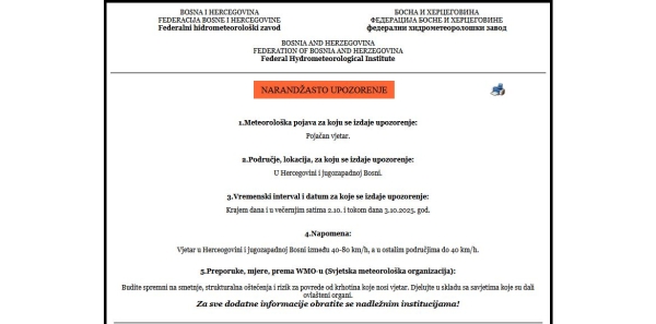 Narančasto upozorenje za 02. i 03.10.2025. godine
