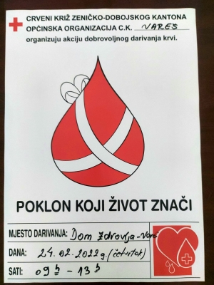 Najavljujemo - Akcija dobrovoljnog darivanja krvi u Varešu 24. veljače