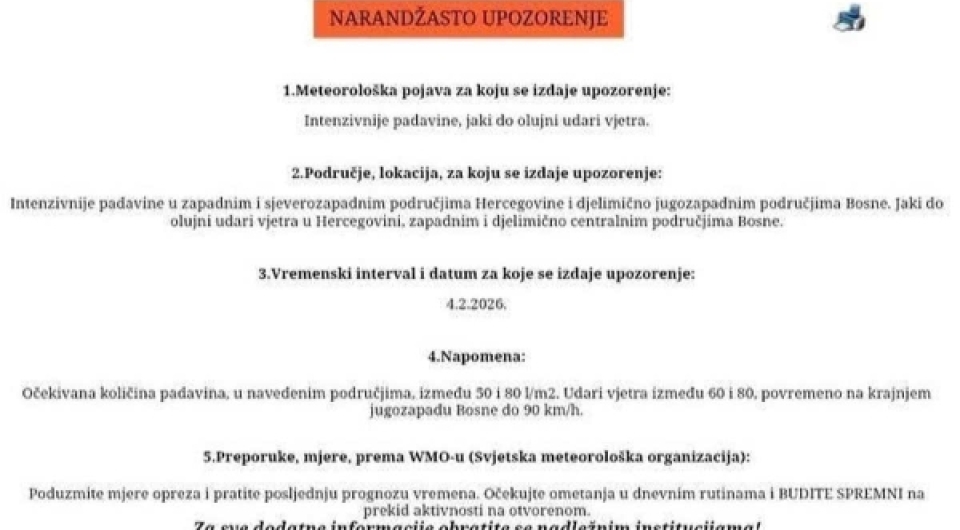 Upaljen narančasti meteoalarm za 04.02.2026. godine