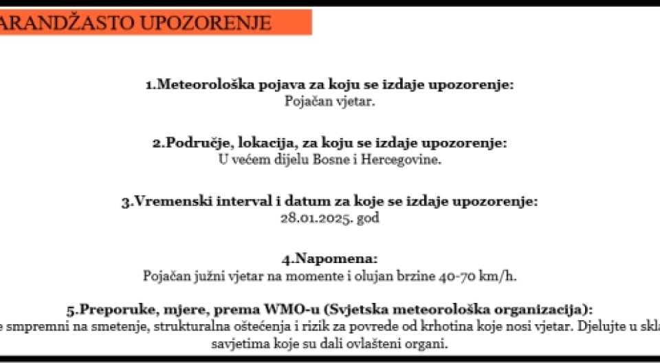 Narančasto upozorenje na vremenske uvjete za 28.01.2025.